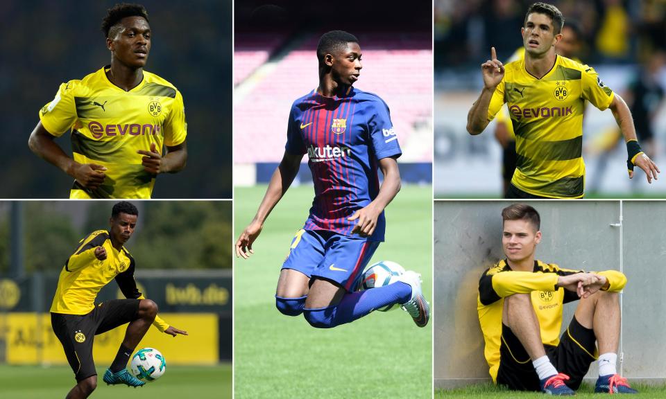 Clockwise from top left: Dan-Axel Zagadou, Ousmane Dembélé, Christian Pulisic, Julian Weigl and Alexander Isak.