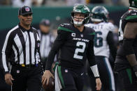 New York Jets quarterback Zach Wilson walks off the field during the first half of an NFL football game against the Philadelphia Eagles, Sunday, Dec. 5, 2021, in East Rutherford, N.J. (AP Photo/Seth Wenig)