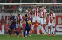 Soccer Football - Champions League - Olympiacos vs FC Barcelona - Karaiskakis Stadium, Piraeus, Greece - October 31, 2017 Barcelona’s Lionel Messi takes a freekick REUTERS/Alkis Konstantinidis