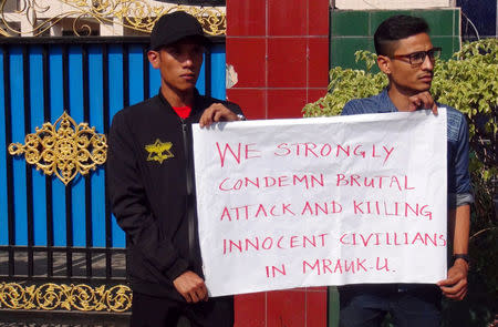 Rakhine State residents protest after a local gathering in Mrauk U celebrating an ancient Buddhist Arakan kingdom turned violent and many were killed and injured, in Sittwe, Myanmar January 17, 2018. REUTERS/Stringer