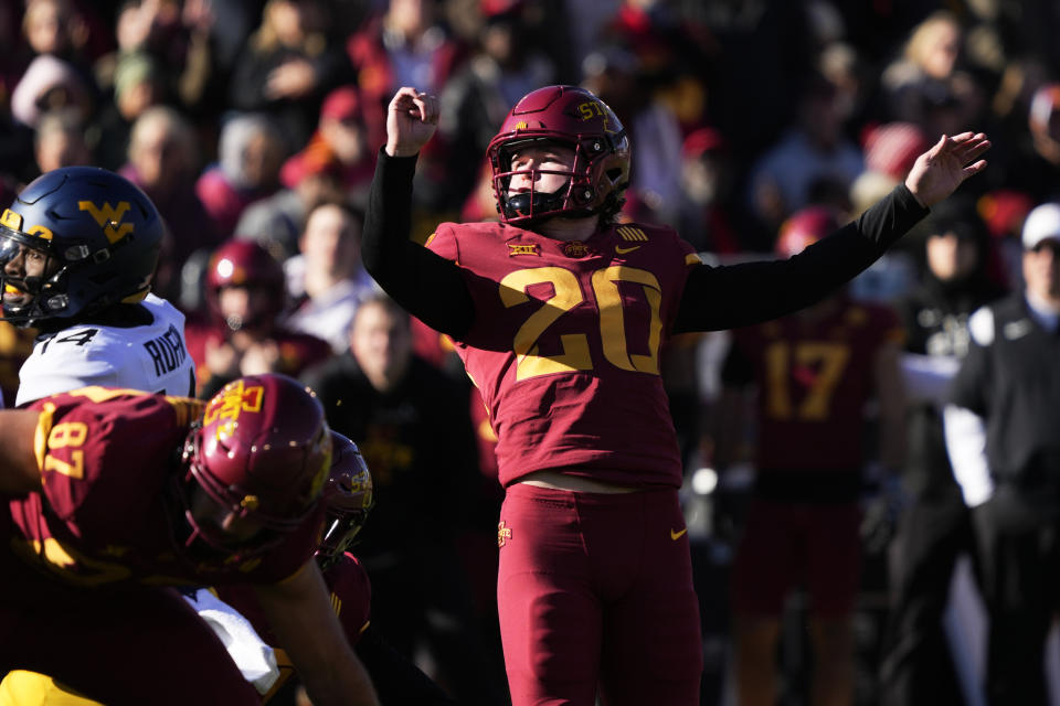 Iowa State place kicker Jace Gilbert (20) kicks a 30-yard field goal during the first half of an NCAA college football game against West Virginia, Saturday, Nov. 5, 2022, in Ames, Iowa. (AP Photo/Charlie Neibergall)