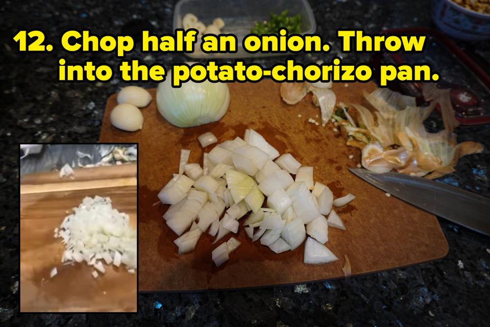 onion on a chopping board (inset) florence pugh's diced onions on a cutting board