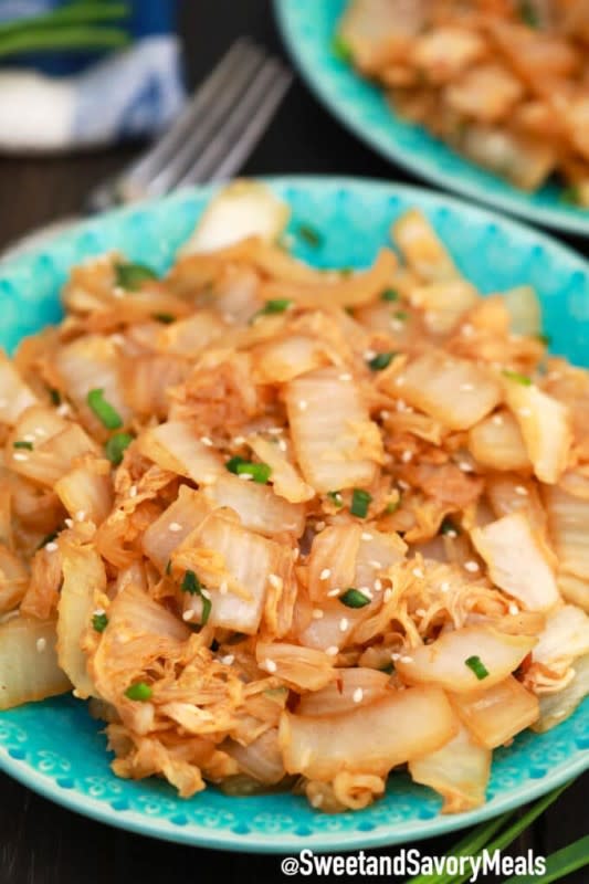 <p>Sweet and Savory Meals</p><p>Stir-fried with garlic, hoisin sauce, ginger and soy sauce, then finished with sesame seeds and green onions.</p><p><strong>Get the recipe: </strong><a href="https://sweetandsavorymeals.com/sauteed-napa-cabbage/" rel="nofollow noopener" target="_blank" data-ylk="slk:Sautéed Napa Cabbage;elm:context_link;itc:0;sec:content-canvas" class="link ">Sautéed Napa Cabbage</a></p>