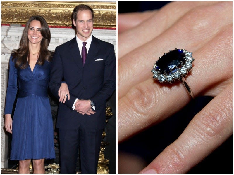 Prince William and Kate Middleton announce their engagement, with a side by side photo of the ring