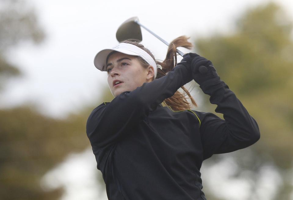 Colonel Crawford's Alexandra Rush tees off during the Girls Division II State Championships on Oct. 15 at the Ohio State Golf Club Gray Course.
