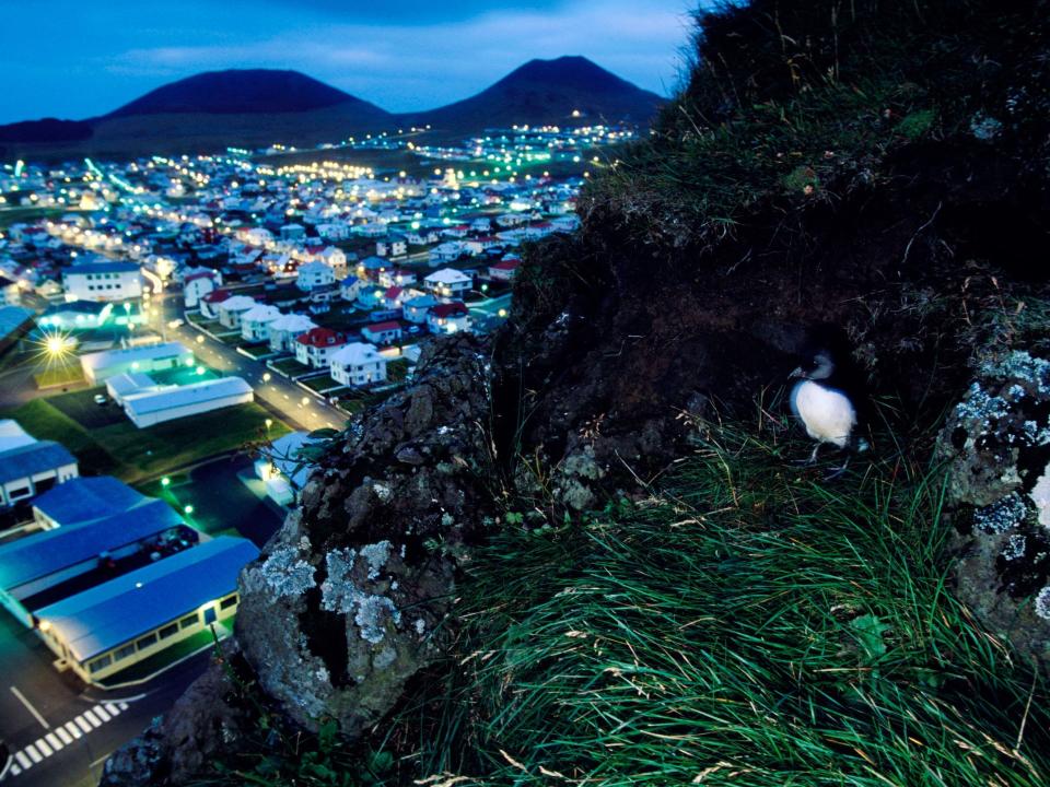 Lights illuminate houses on the island of Heimaey, Iceland.