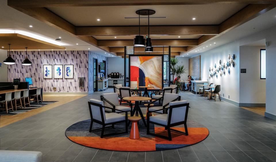 The lobby of the recently opened Hyatt House hotel in the Red Cedar Development in Lansing across from Frandor on Michigan Avenue Tuesday, Aug. 22, 2023. 