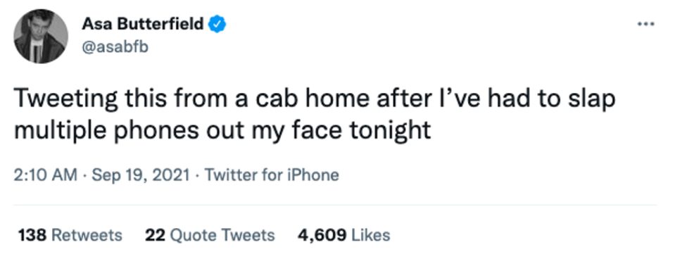 Asa Butterfield was left frustrated after being harassed by ‘Sex Education’ fans on a night out (Twitter @asabfb)