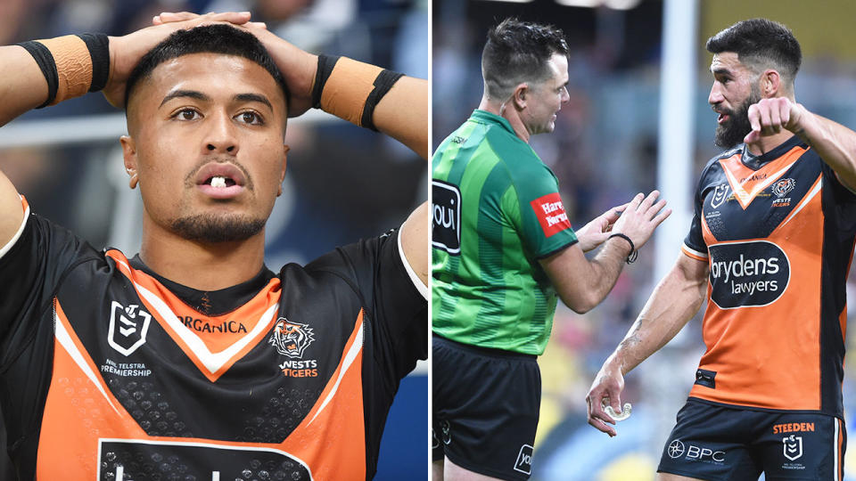Seen here, Wests Tigers players react with shock after their controversial loss against the Cowboys. 