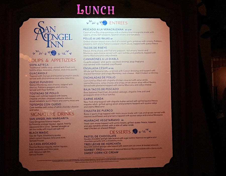 San Angel Inn Restaurante in Disney World menu