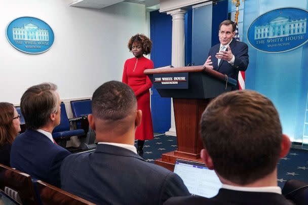 PHOTO: White House Press Karine Jean-Pierre watches as National Security Council Coordinator for Strategic Communications John Kirby (R) speaks during the daily press briefing at the White House in Washington, DC, Feb. 13, 2023. (Mandel Ngan/AFP via Getty Images)