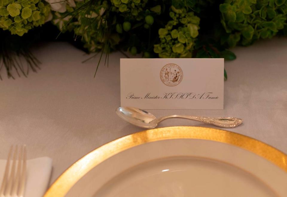 The place setting for Japanese Prime Minister Fumio Kishida, during a luncheon in his honor at the Executive Mansion on Friday, April 12, 2024 in Raleigh, N.C.