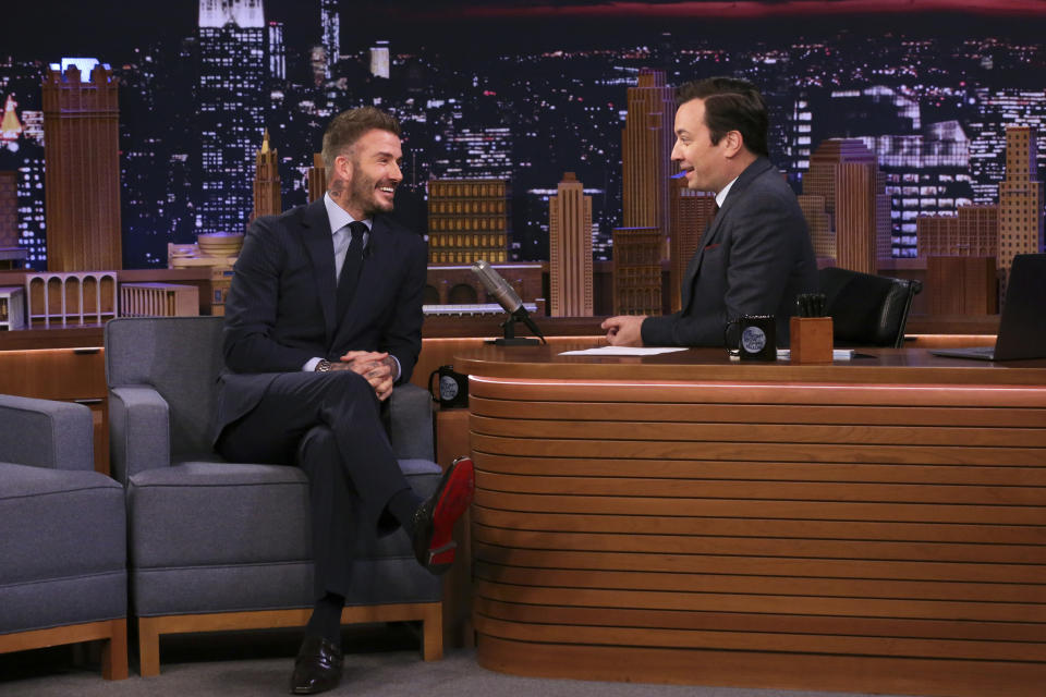 THE TONIGHT SHOW STARRING JIMMY FALLON -- Episode 1213 -- Pictured: (l-r) Soccer player David Beckham during an interview with host Jimmy Fallon on February 26, 2020 -- (Photo by: Andrew Lipovsky/NBC/NBCU Photo Bank via Getty Images)