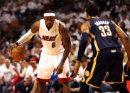 MIAMI, FL - MAY 13: Forward Lebron James #6 of the Miami Heat drives against Forward danny Granger #33 of the Indiana Pacers in Game One of the Eastern Conference Semifinals in the 2012 NBA Playoffs on May 13, 2012 at the American Airines Arena in Miami, Florida. (Photo by Marc Serota/Getty Images)