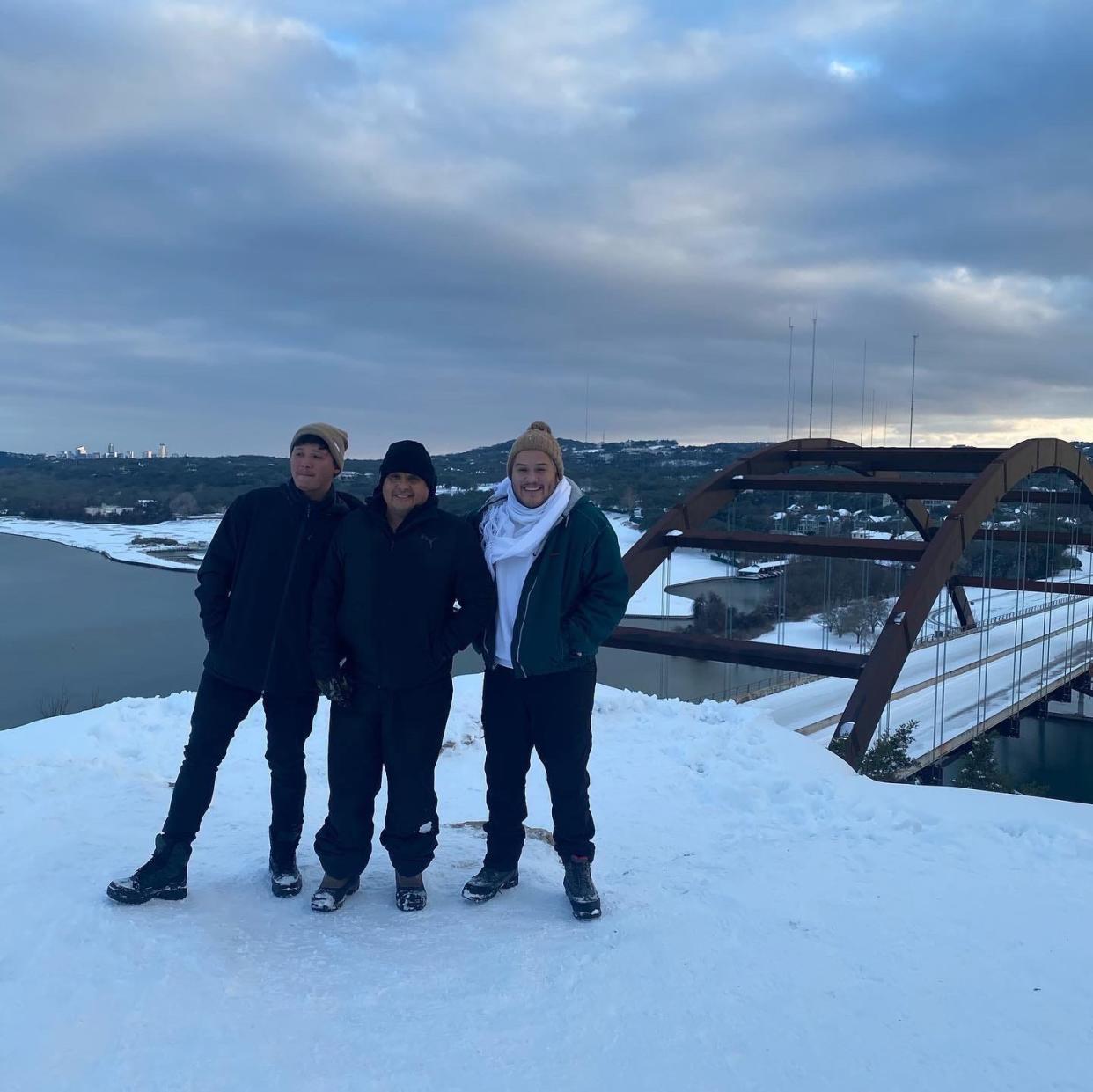 Left to right, Kevin, Ivan and Alan Ramirez during Austin's February snow and ice storm.