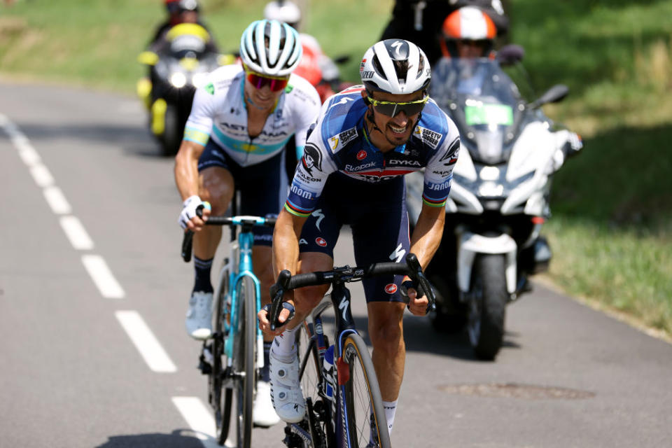 SAINTGERVAIS MONTBLANC FRANCE  JULY 16 LR Alexey Lutsenko of Kazakhstan and Astana Qazaqstan Team and Julian Alaphilippe of France and Team Soudal  Quick Step compete in the breakaway during the stage fifteen of the 110th Tour de France 2023 a 179km stage from Les Gets les Portes du Soleil to SaintGervais MontBlanc 1379m  UCIWT  on July 16 2023 in SaintGervais MontBlanc France Photo by Michael SteeleGetty Images