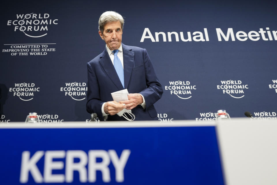 John Kerry, United States Special Presidential Envoy for Climate arrives for a news conference during the World Economic Forum in Davos, Switzerland, Wednesday, May 25, 2022. The annual meeting of the World Economic Forum is taking place in Davos from May 22 until May 26, 2022. (AP Photo/Markus Schreiber)