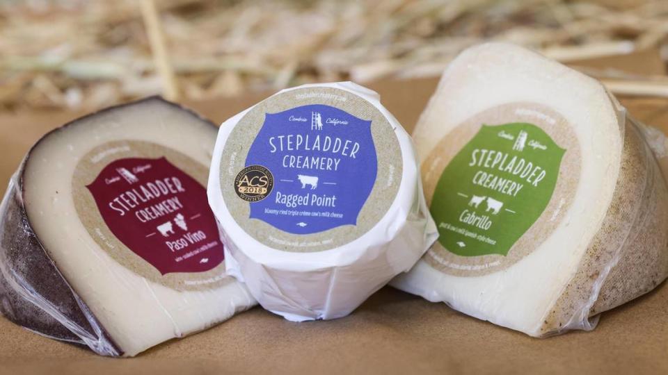 From the left, Paso Vino is a cow milk wine-soaked cheese, Ragged Point is an award winning bloomy rind triple créme cow milk cheese, Cabrillo is a Manchego/Spanish-style cheese with blended cow and goat milk. Stepladder Ranch & Creamery is a family-owned business north of Cambria.