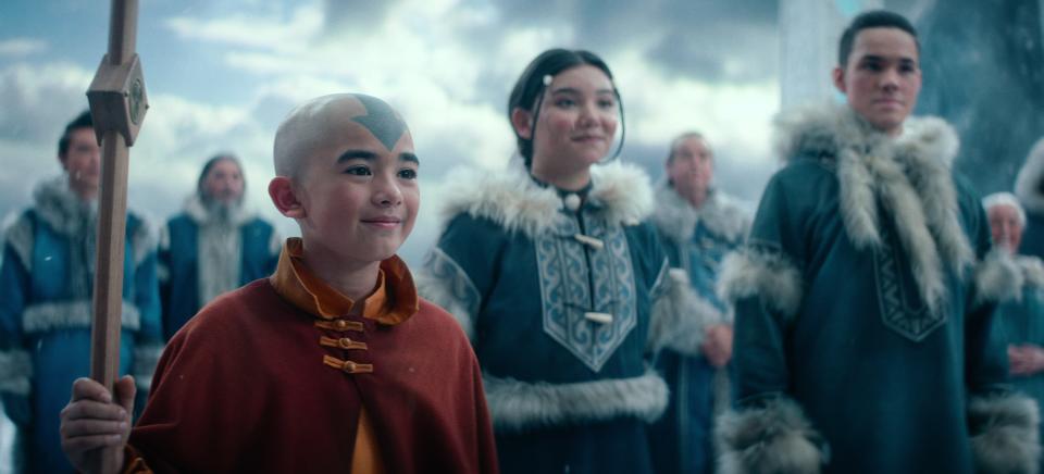 <h1 class="title">Gordon Cormier as Ang, Kiawentiio as Katara, Ian Ousley as Sokka in season 1 of Avatar: The Last Airbender.</h1><cite class="credit">Netflix © 2024</cite>