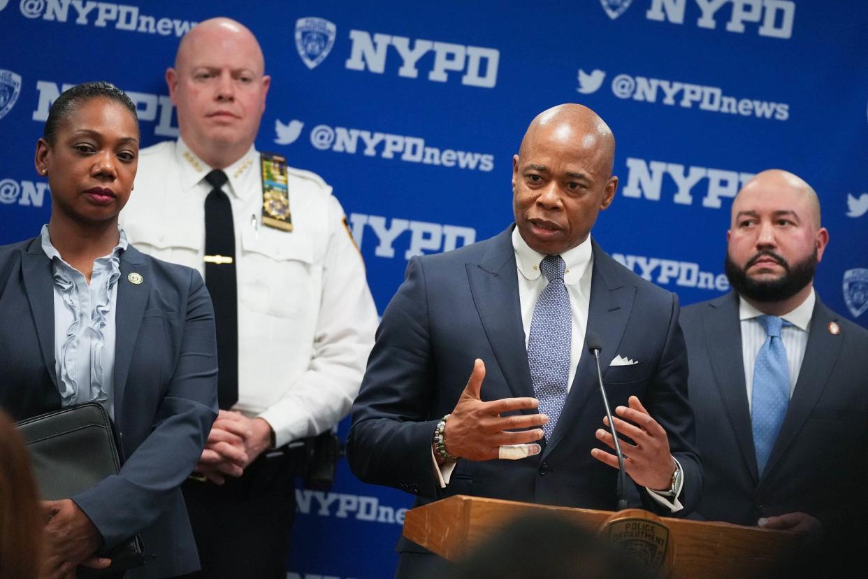 NYPD Commissioner Keechant Sewell (left), NYPD Chief of Department (second left), Mayor Eric Adams and Bronx Councilman Rafael Salamanca. 