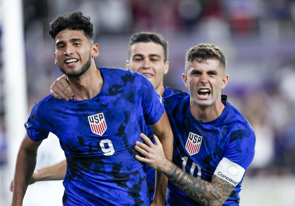 ORLANDO, FL - MARCH 27: United States of America forward Ricardo Pepi (9) celebrates scoring a goal with United States of America forward Christian Pulisic (10) during the CONCACAF Nations League match between the United States vs El Salvador on March 27th, 2023 at Explorer Stadium  in Orlando, FL. (Photo by Andrew Bershaw/Icon Sportswire via Getty Images)