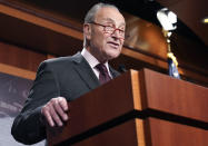 Senate Majority Leader Chuck Schumer of N.Y., speaks during a news conference Friday, Aug. 5, 2022, at the Capitol Hill in Washington. (AP Photo/Mariam Zuhaib)