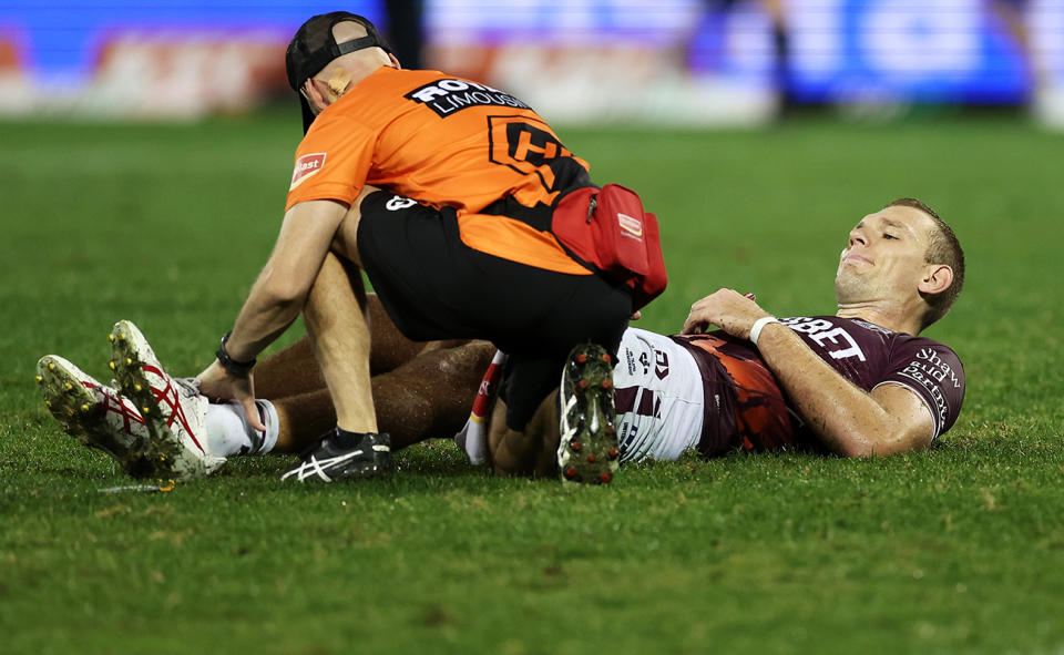 Tom Trbojevic, pictured here after injuring his groin in Manly's win over the Wests Tigers.