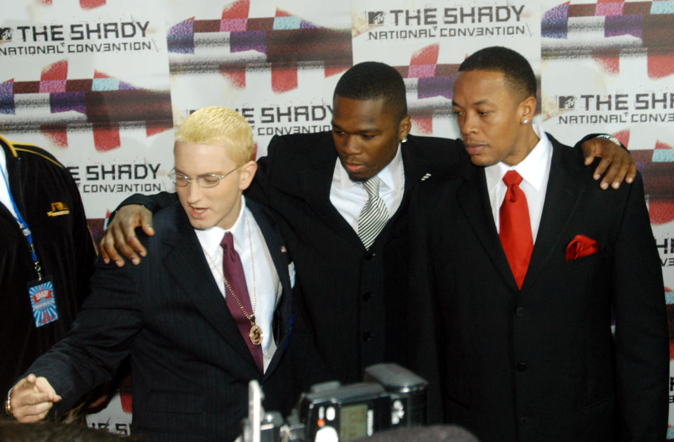 With Dr. Dre and 50 Cent At the launch of Sirius radio channel "Shade 45" in New York, New York.&nbsp;