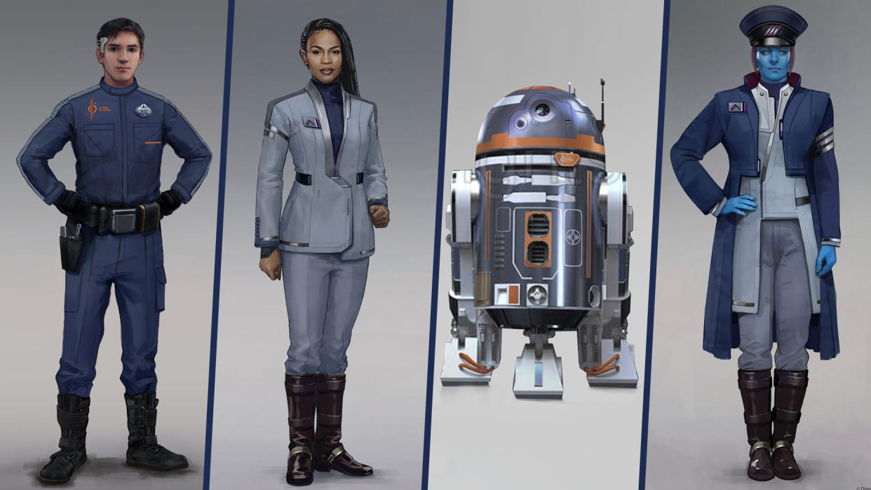 From left to right: Sammie, Lenka Mok, SK-62O and Captain Riyola Keevan are just some of the Halcyon-specific characters guests will encounter during their voyage on the Star Wars: Galactic Cruiser. (Photo: Walt Disney World Resort)
