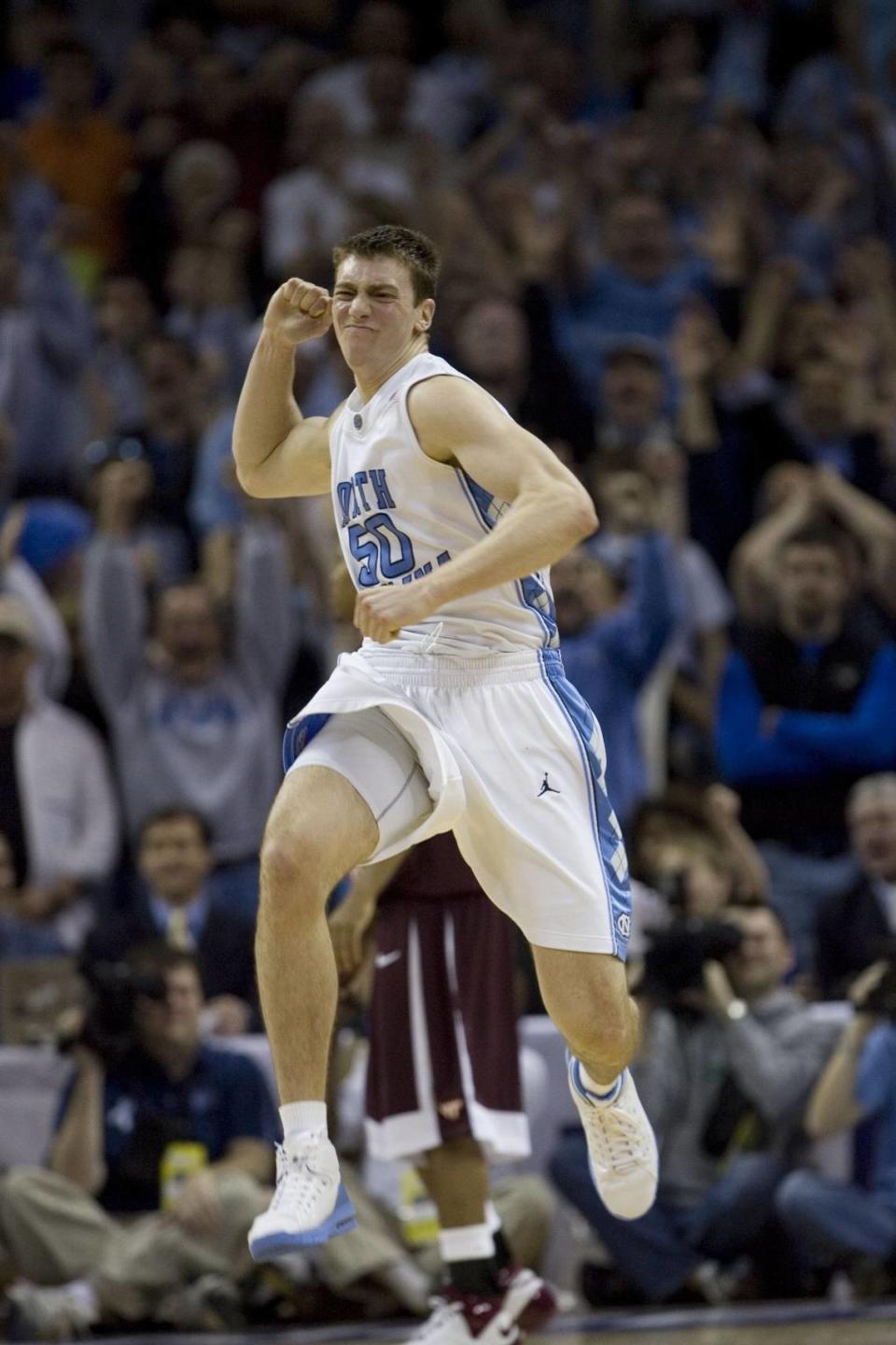 UNC4.SP.031508.RTW--Charlotte, N.C.--UNC Tyler Hansbrough (50) celebrates his game winning shot to give UNC a 68-66 victory over Virginia Tech on Saturday March 15, 2008 in the in the semifinals of the ACC Tournament in Charlotte Bobcats Arena. Staff photo by Robert Willett/The News & Observer