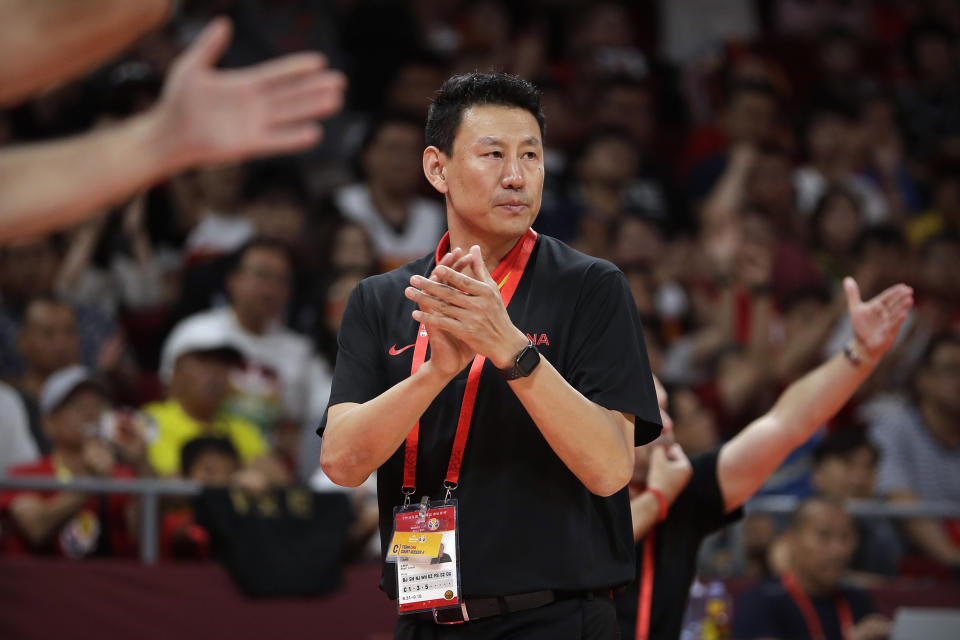 China's head coach Li Nan reacts during their group phase game against Venezuela in the FIBA Basketball World Cup at the Cadillac Arena in Beijing, Wednesday, Sept. 4, 2019. (AP Photo/Mark Schiefelbein)