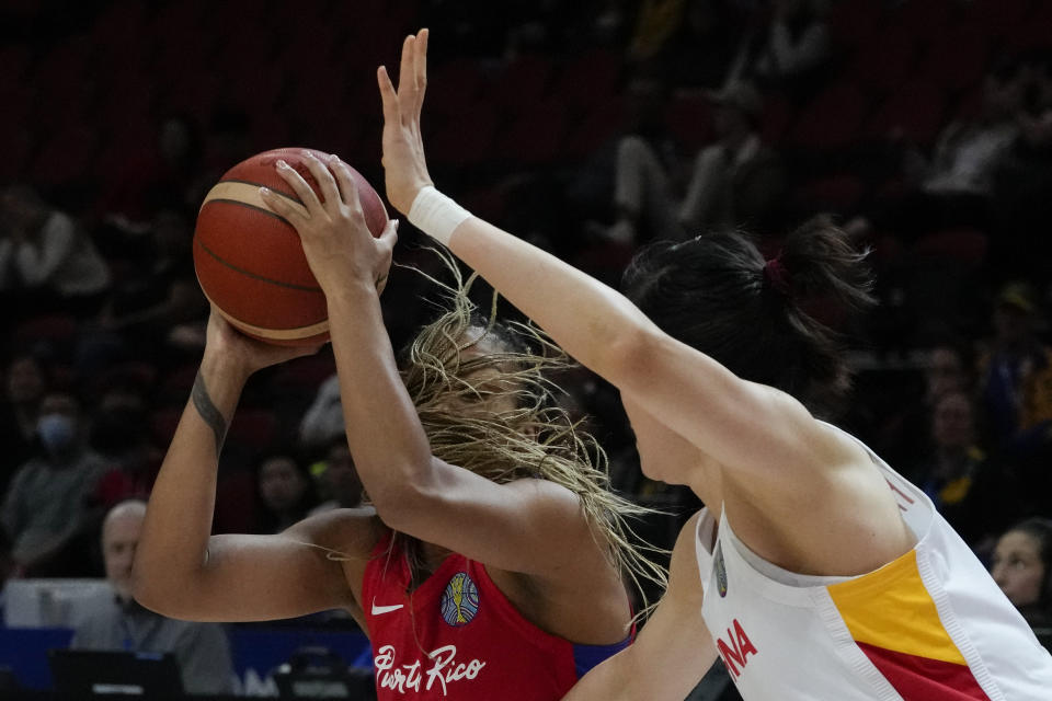 Puerto Rico's Arella Guirantes prepares for ascot at goal during their game at the women's Basketball World Cup against China in Sydney, Australia, Monday, Sept. 26, 2022. (AP Photo/Mark Baker)