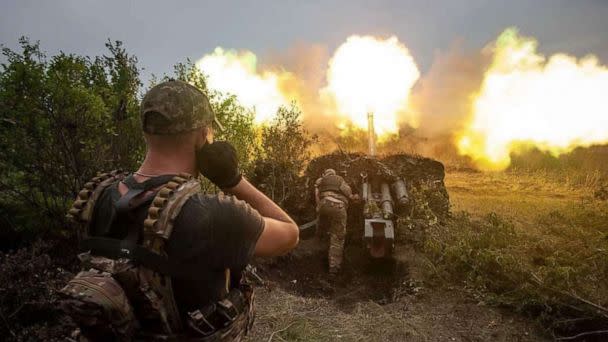 PHOTO: This handout picture released by General Staff of the Armed Forces of Ukraine, Sept. 21, 2022, shows Ukrainian artillerymen firing from a cannon along the front line at unknown location in the Ukraine. (General Staff of the Armed Forces of Ukraine/AFP via Getty Images)