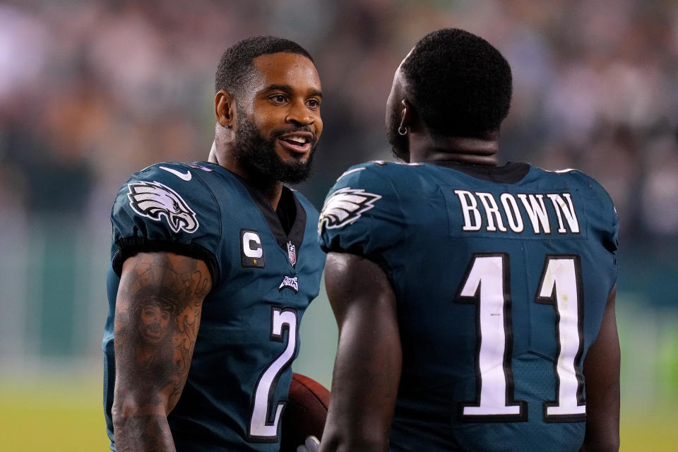 PHILADELPHIA, PENNSYLVANIA – SEPTEMBER 19: Darius Slay #2 and A.J. Brown #11 of the Philadelphia Eagles celebrate after an interception by Slay during the fourth quarter against the Minnesota Vikings at Lincoln Financial Field on September 19, 2022 in Philadelphia, Pennsylvania. (Photo by Mitchell Leff/Getty Images)