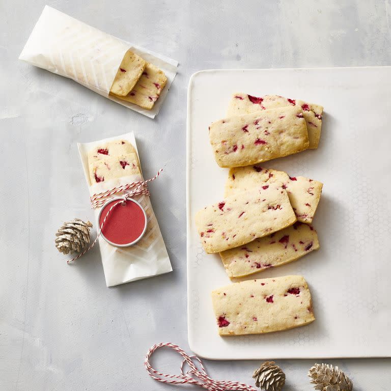 <p>Try this upgraded shortbread recipe that has chunks of real cranberries in it to bring a brightness to the classic shortbread flavors. </p><p><strong><em><a href="https://www.womansday.com/food-recipes/food-drinks/a29775233/cranberry-shortbread/" rel="nofollow noopener" target="_blank" data-ylk="slk:Get the Cranberry Shortbread recipe.;elm:context_link;itc:0;sec:content-canvas" class="link ">Get the Cranberry Shortbread recipe. </a></em></strong></p>