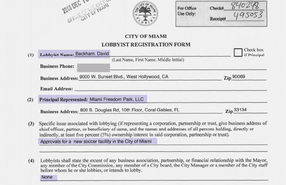 The form that David Beckham had to fill out prior to persuading the city to provide the public land for a new soccer stadium.