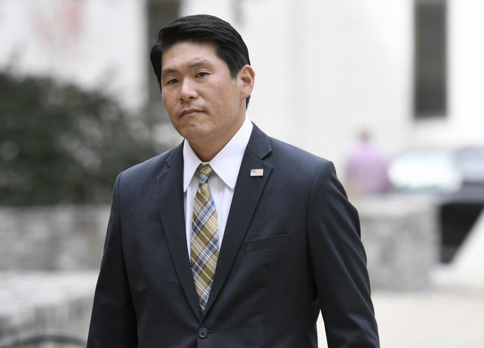 FILE - U.S. Attorney Robert Hur arrives at U.S. District Court in Baltimore on Nov. 21, 2019. (AP Photo/Steve Ruark, File)