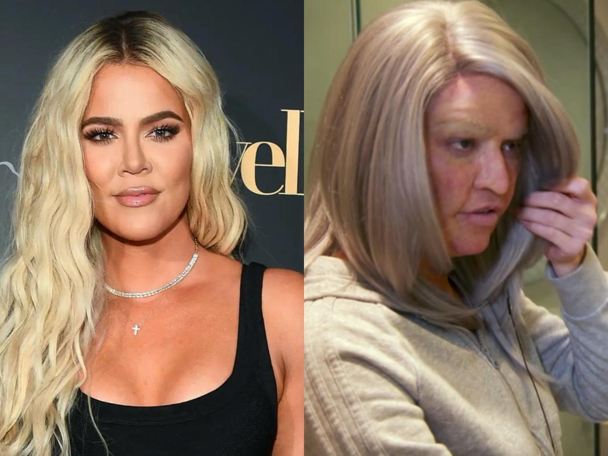 left: khloe kardashian wearing a low-cut black tank and with wavy, long blonde hair on a red carpet; right: khloé kardashian wearing prosthetic makeup and a wig that makes her appear to be much older