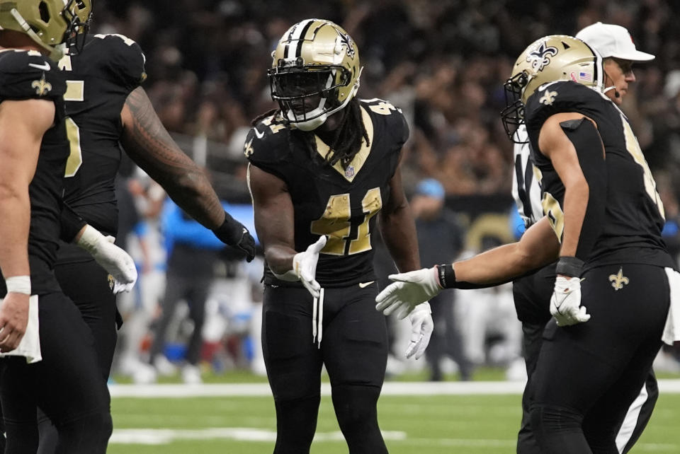 New Orleans Saints running back Alvin Kamara (41) celebrates a touchdown with teammates during the second half of an NFL football game against the Carolina Panthers, Sunday, Sept. 8, 2024, in New Orleans. (AP Photo/Gerald Herbert)