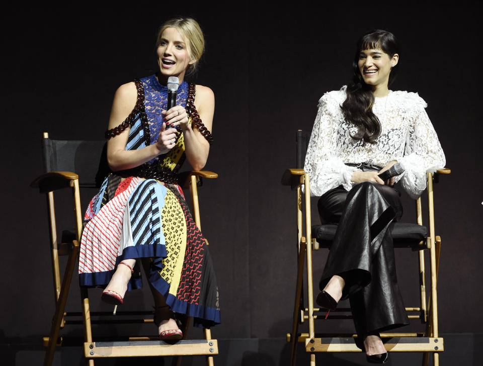 Annabelle Wallis, left, and Sofia Boutella, cast members in the upcoming film "The Mummy," discuss the film during the Universal Pictures presentation at CinemaCon 2017 at Caesars Palace on Wednesday, March 29, 2017, in Las Vegas. (Photo by Chris Pizzello/Invision/AP)