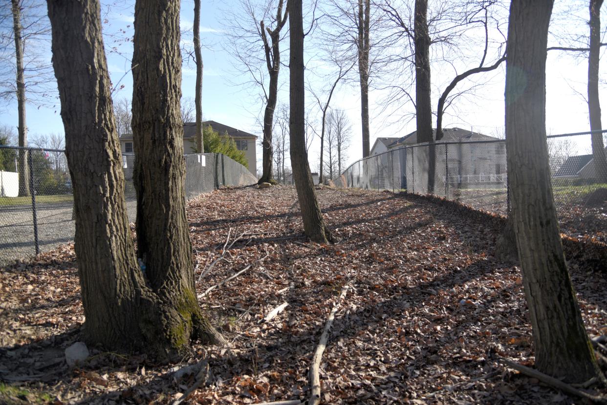 The site of a proposed driveway off Bartram Road in Marlboro, New Jersey, squeezes between these two existing homes. Fence to fence, it is 25 feet wide. Tuesday, March 12, 2024