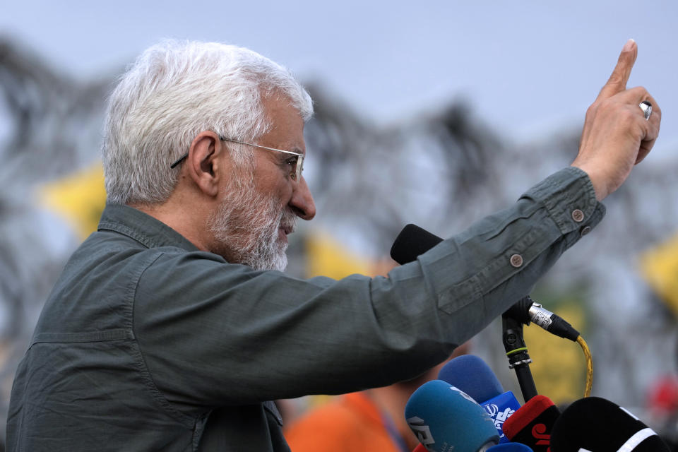 Candidate for the June 28, presidential election, Saeed Jalili, a former Iran's top nuclear negotiator, speaks, during his campaign rally in Tehran, Iran, Monday, June 24, 2024. (AP Photo/Vahid Salemi)