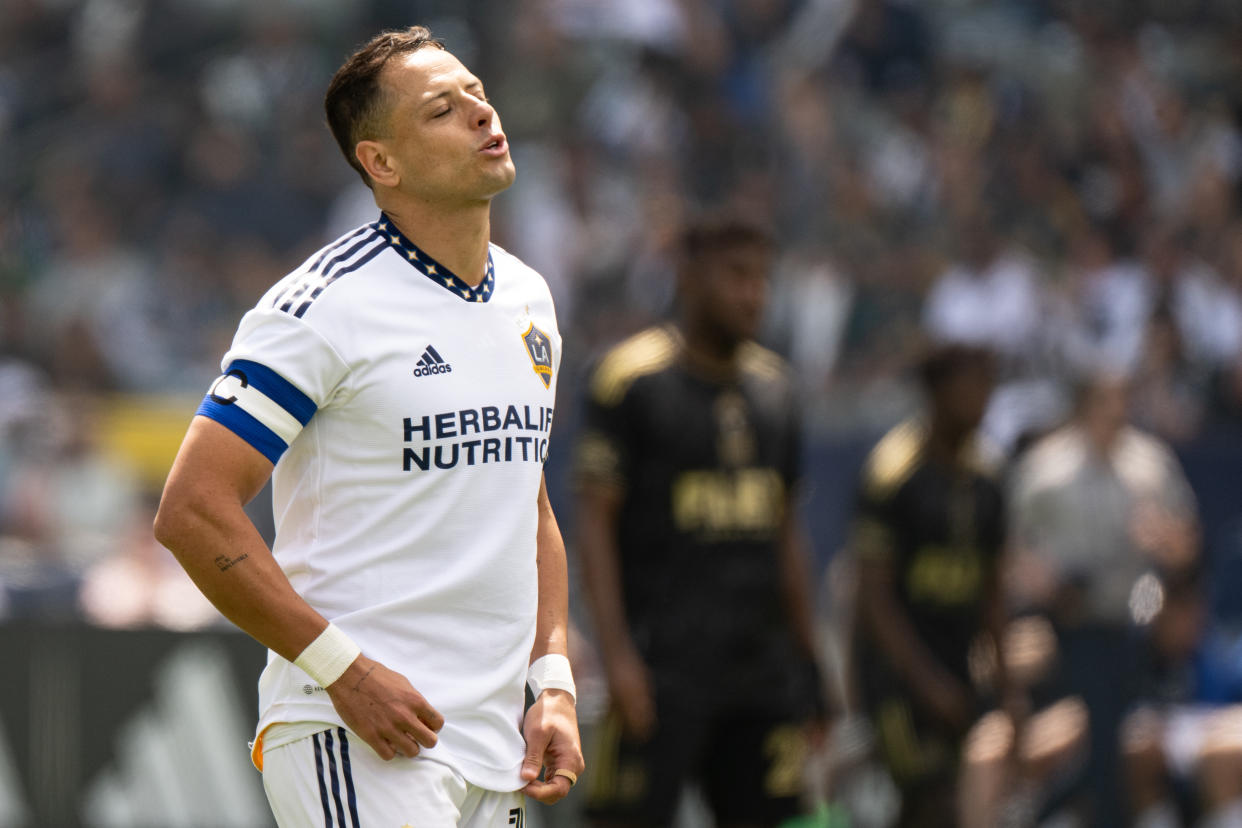 Javier Hernandez and the Los Angeles Galaxy remain winless this season after Sunday's 3-2 loss to LAFC. (Photo by Shaun Clark/Getty Images)