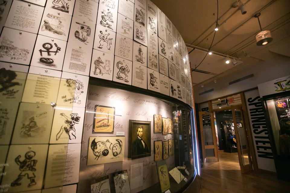 Artwork by Woody Guthrie is pictured at the Woody Guthrie Center in Tulsa on Saturday, May 7, 2022.