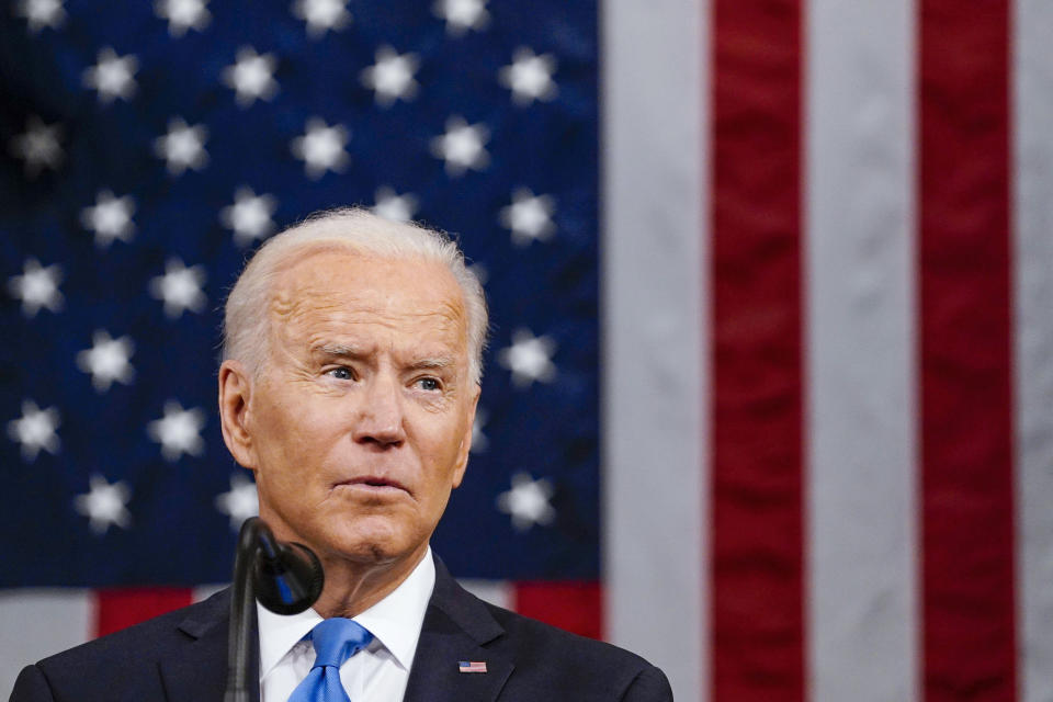 President Joe Biden addresses a joint session of Congress, Wednesday, April 28, 2021, in the House Chamber at the U.S. Capitol in Washington. (Melina Mara/The Washington Post via AP, Pool)