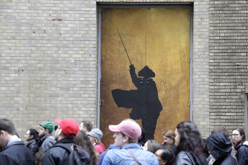 People wait in line to see "Hamilton" at the Richard Rodgers Theatre on May 4, 2016, in New York City. On July 11, 1804, U.S. Vice President Aaron Burr killed longtime political foe Alexander Hamilton, the first treasury secretary, in a duel at Weehawken, N.J. File Photo by John Angelillo/UPI