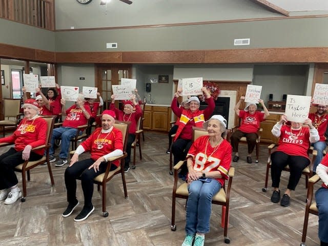 The Primrose Sedalia Chiefs Cheerleaders perform a routine to cheer on the Kansas City Chiefs in the NFL playoffs.