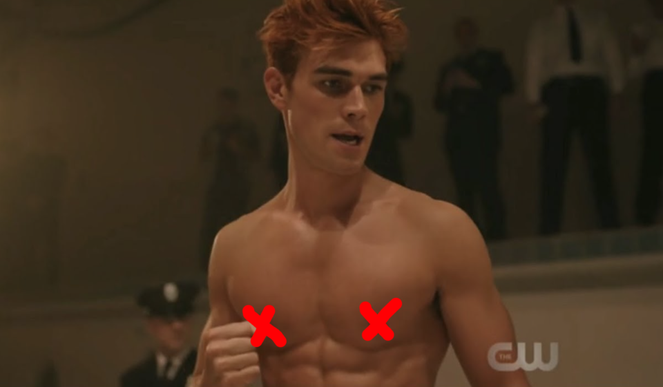 KJ as Archie, shirtless, in "Riverdale"