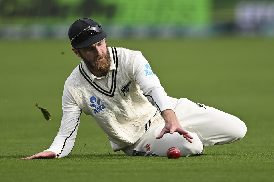 New Zealand's Kane Williamson fields against England on day 4 of their cricket test match in Wellington, New Zealand, Monday, Feb 27, 2023. (Andrew Cornaga/Photosport via AP)