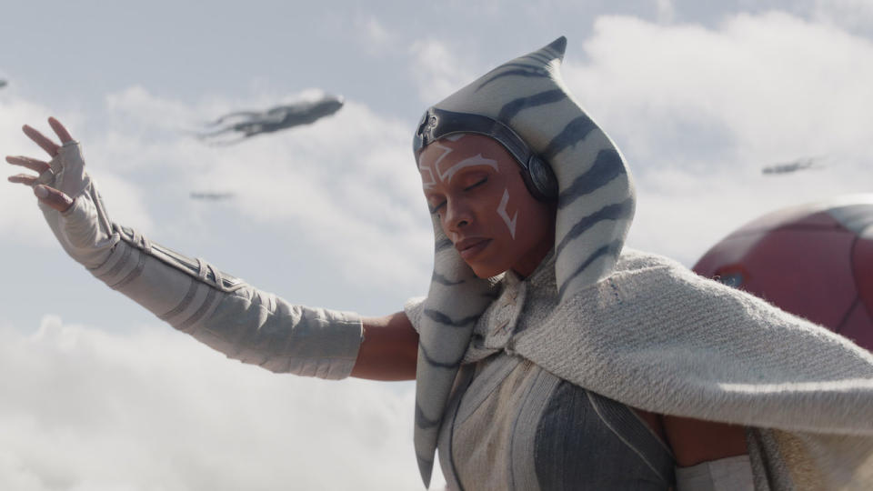 Rosario Dawson's Ahsoka Tano reaching out her hand to communicate with purrgil